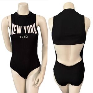 Topshop New York 1993 Spliced Bodysuit Womens 8 Black Ribbed Open Back One-Piece